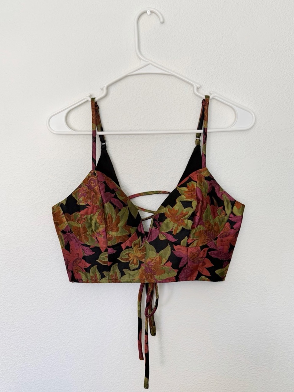 Black, purple, red, orange floral corset back crop top